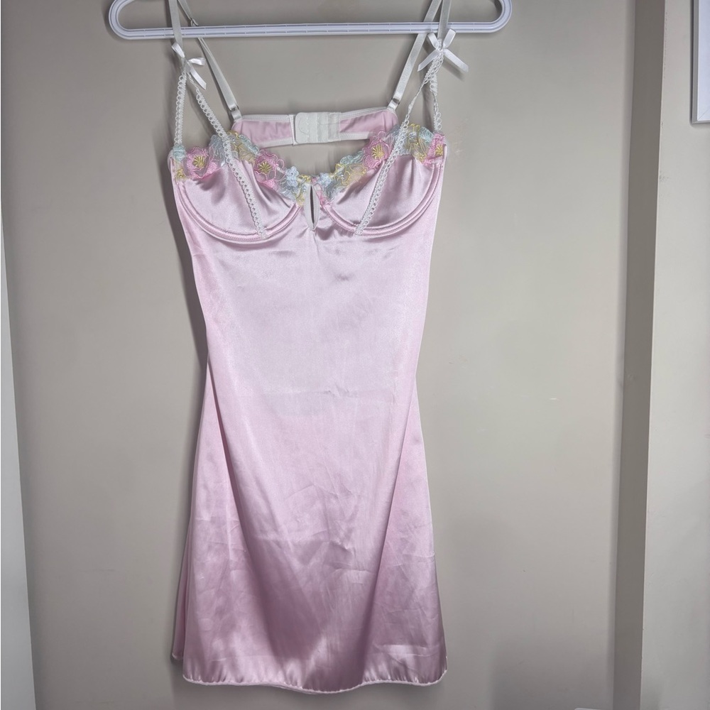 Pink Satin Slip Dress with Floral Lace and Open Back